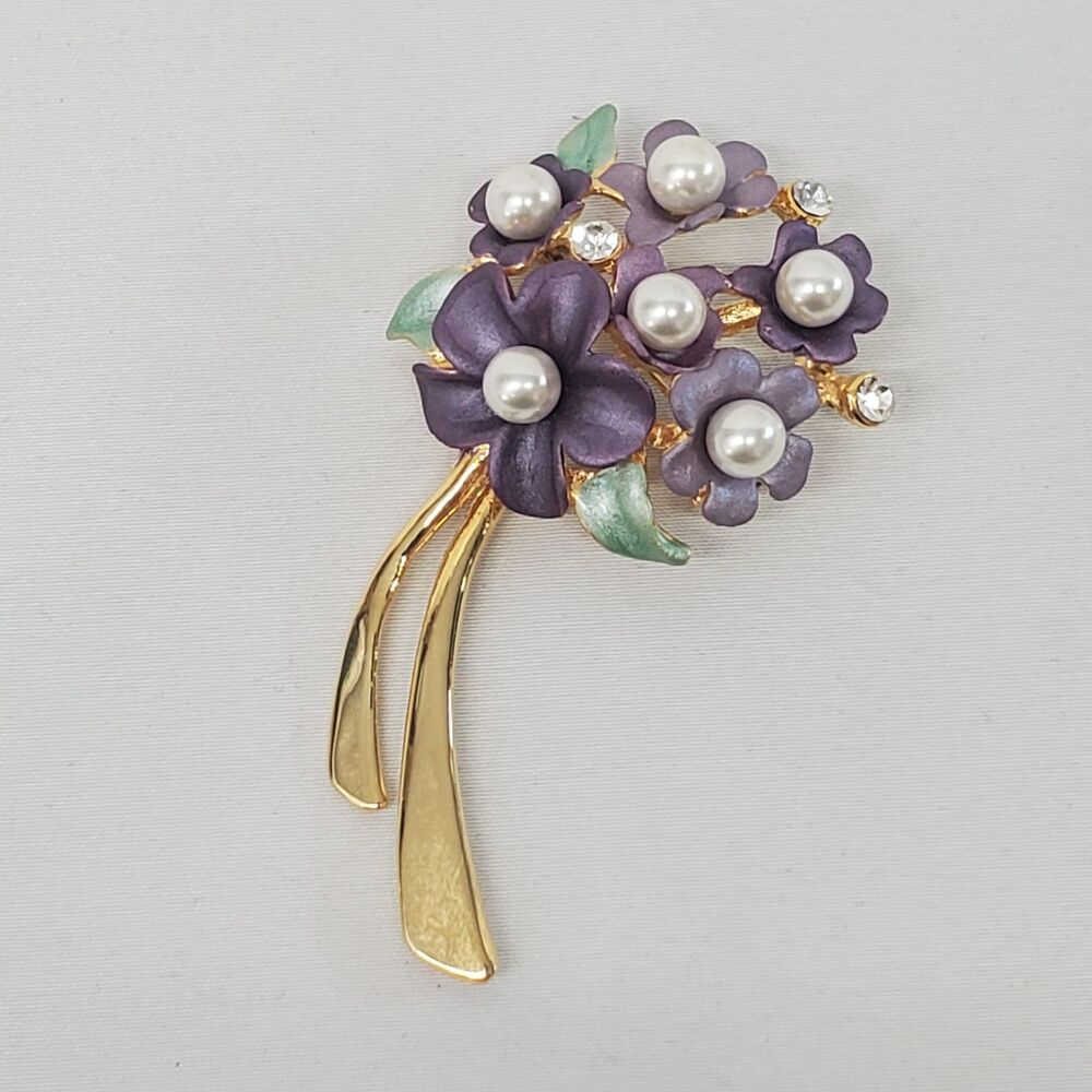 VTG Purple Flowers Bouquet Brooch Pin Gold Tone Faux Pearl Rhinestone